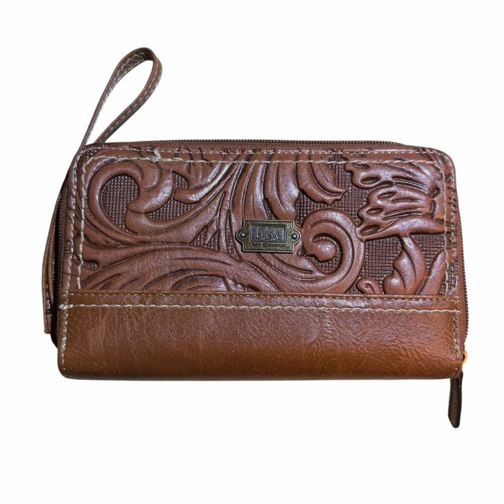 B.O.C Born Concept Brown Floral Embossed Leather Zip Around Wallet Wristlet